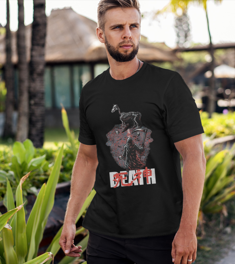 Grim Reaper Death Rider Japanese Kanji Skulls Scythe T-Shirt