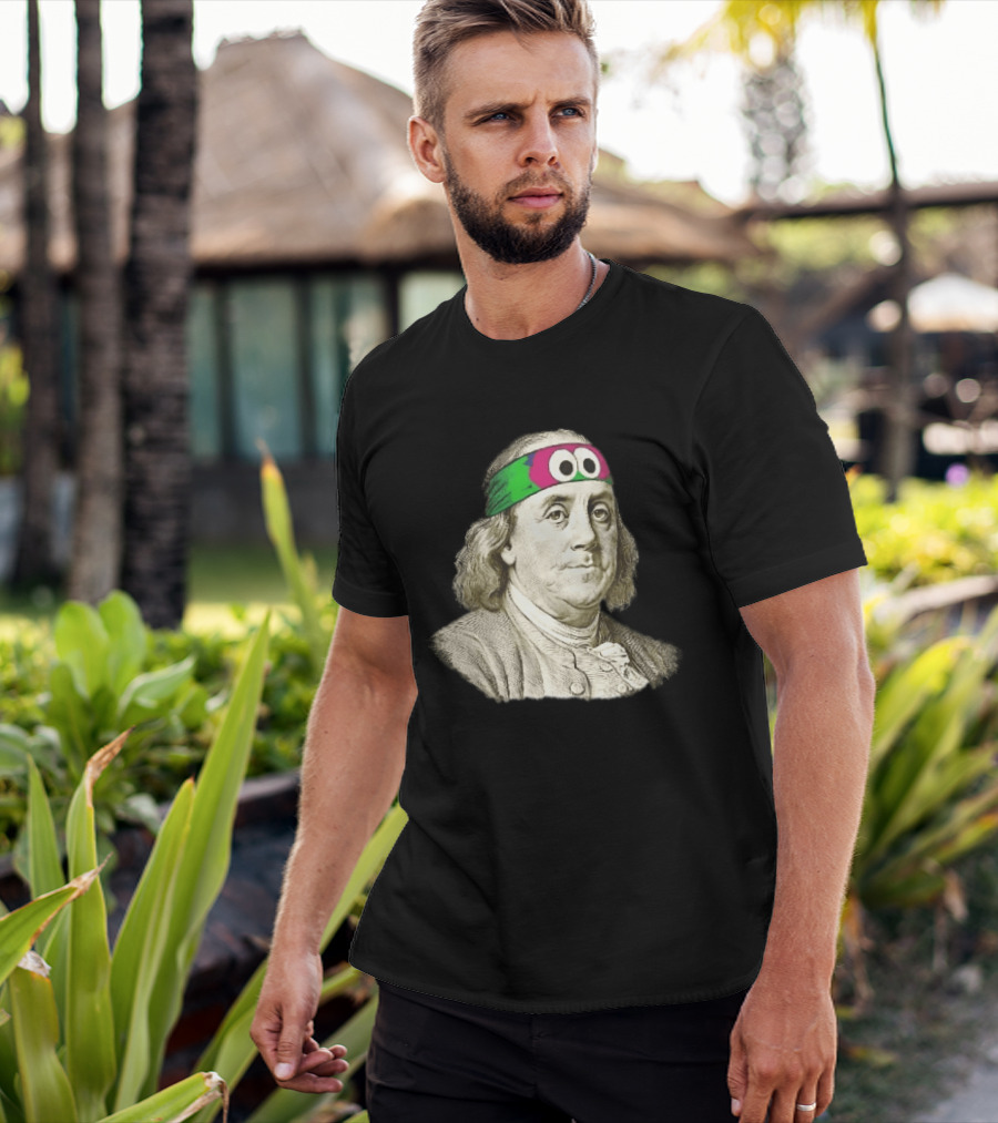 Benjamin Franklin Cartoon With Colorful Ninja Headband And Googly Eyes T-Shirt