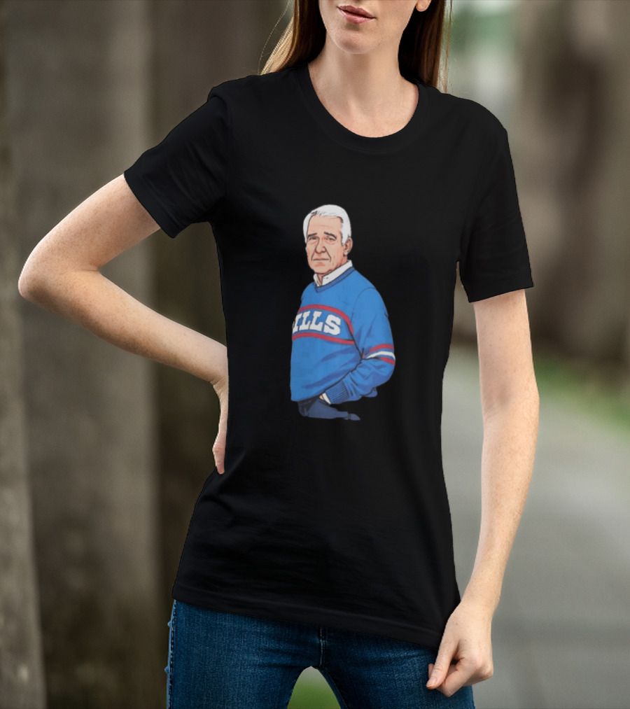 Buffalo Bills Coach Marv Levy Caricature In Blue Sweater With Team Name T-Shirt