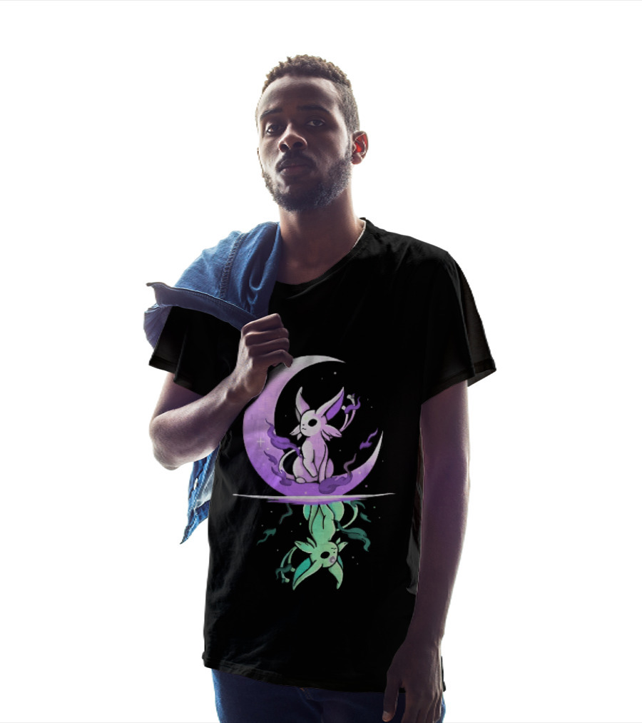 Cartoon Purple Espeon On Crescent Moon With Green Reflection T-Shirt