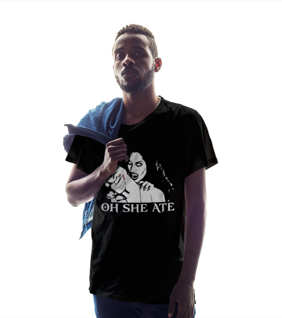 Oh She Ate Female Vampire Biting Neck Red Nails Stencil T-Shirt