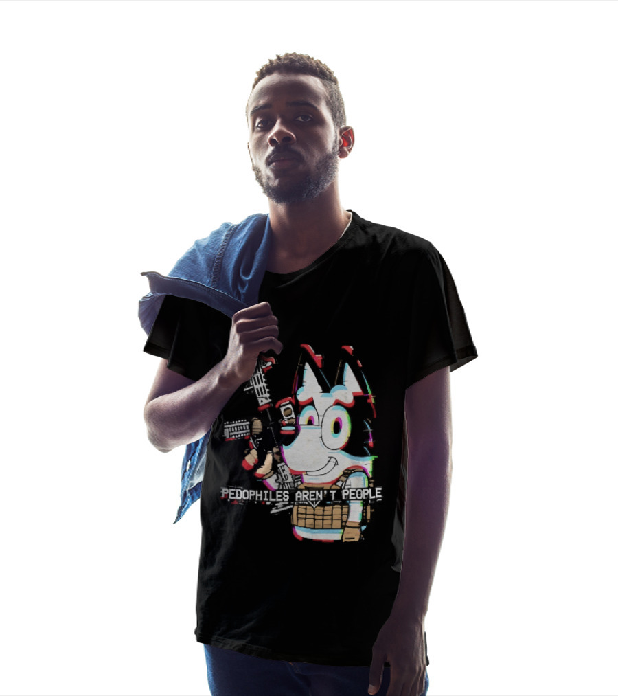 Pedophiles Aren't People Cartoon Dog Tactical Vest Assault Rifle Glitch Effect T-Shirt