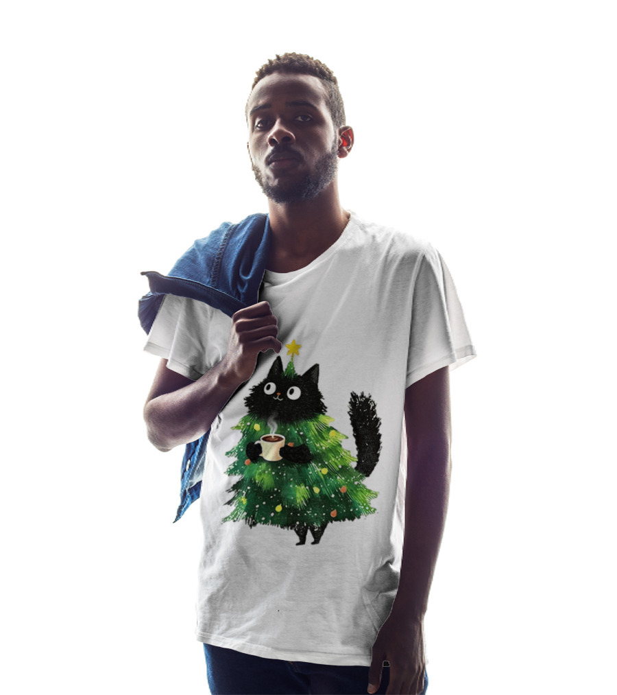 Black Cat Christmas Tree With Hot Coffee Cup T-Shirt