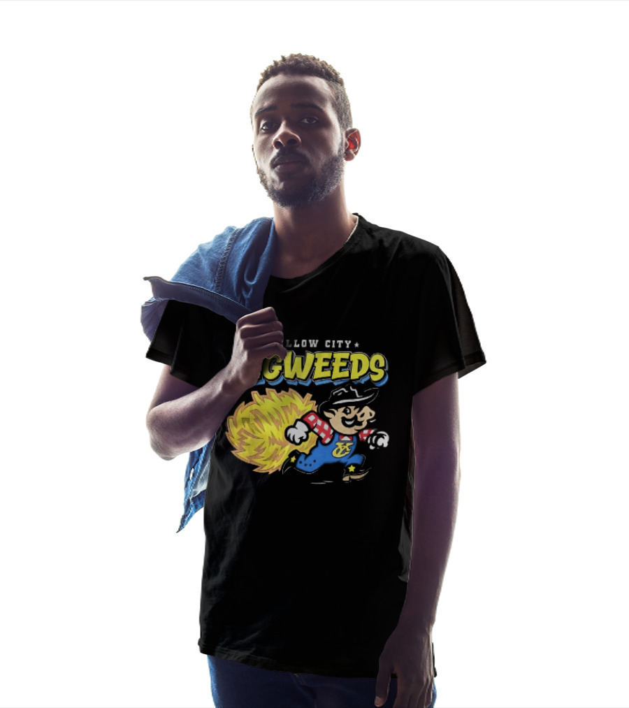 Yellow City Pigweeds Cartoon Cowboy Overalls Tumbleweed Running T-Shirt