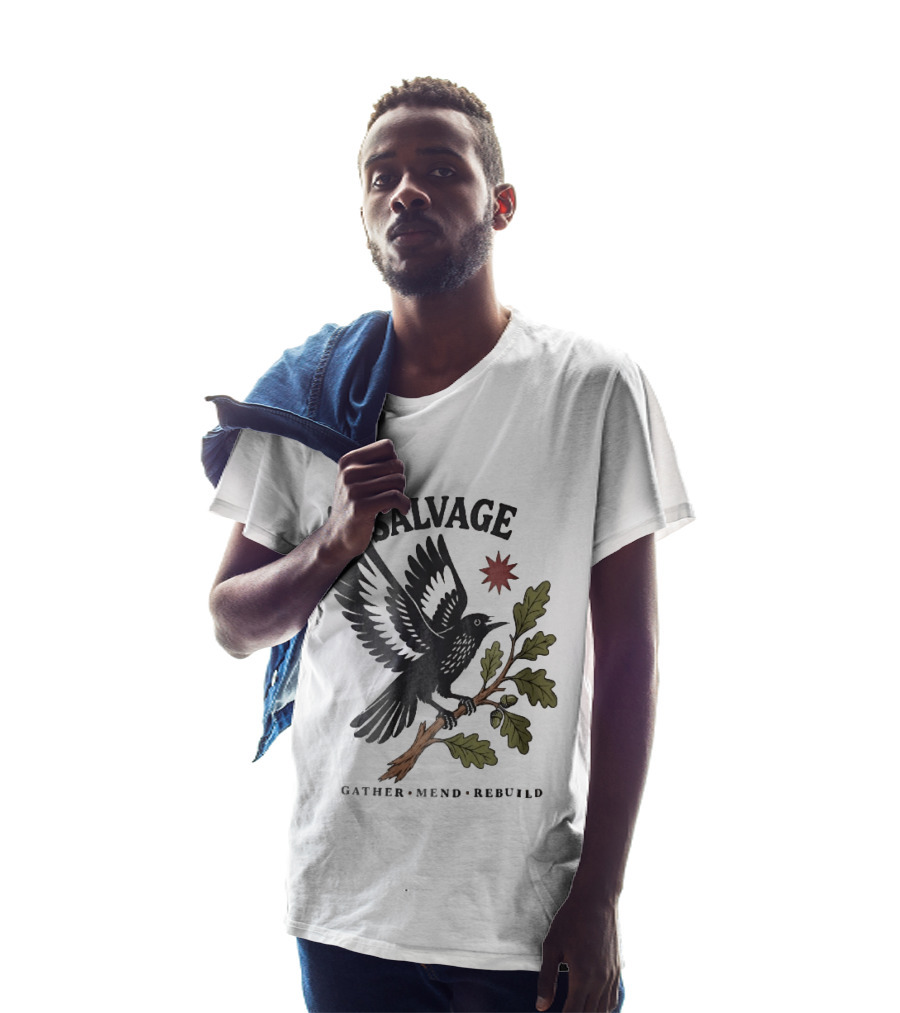 Salvage Gather Mend Rebuild Bird On Oak Branch With Acorns T-Shirt