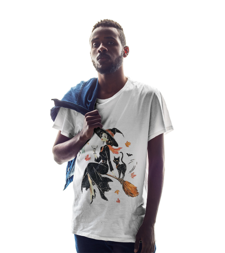 Witch Cat Ringer Spooky Fall Pumpkin Halloween Vintage Witch And Black Cat On Broomstick With Coffee Cup And Autumn Leaves T-Shirt