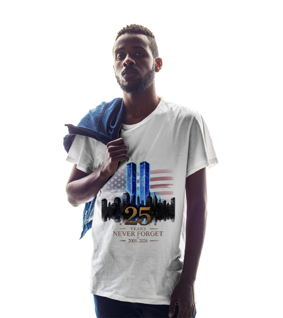 World Trade Center Towers NYC Skyline 25 Years Never Forget 2001 2026 American Flag T-Shirt
