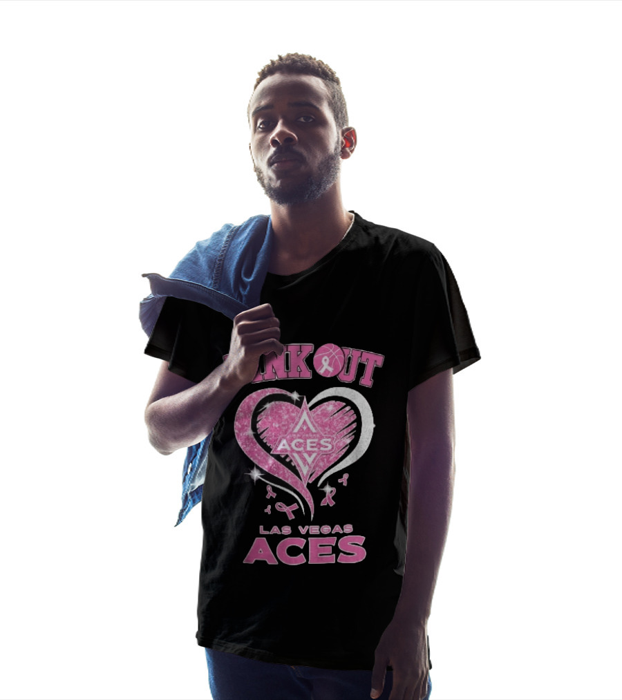 Las Vegas Aces Pink Out Glitter Heart Breast Cancer Awareness Ribbons WNBA T-Shirt