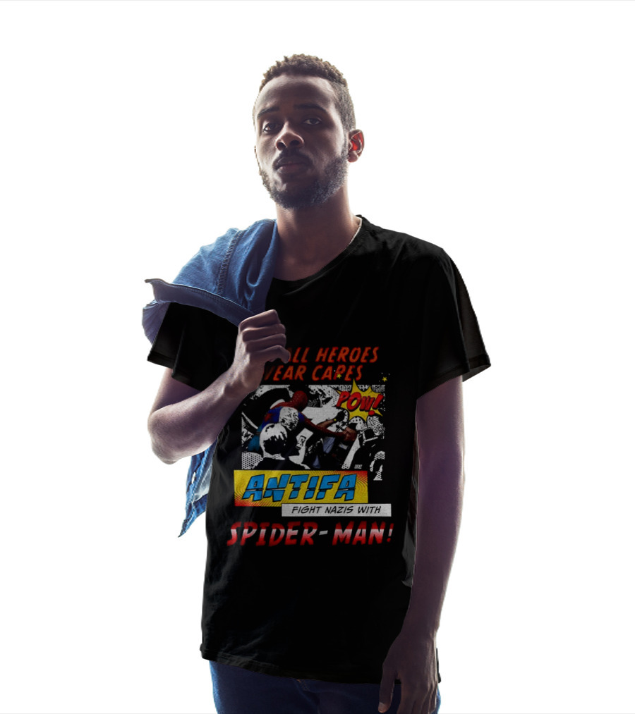 Not All Heroes Wear Capes Antifa Spider Man Punches Nazi POW T-Shirt