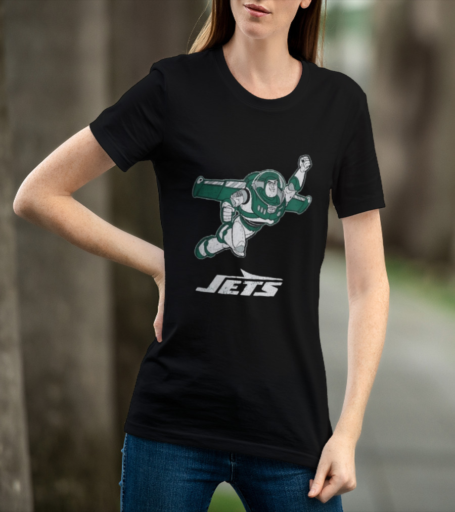 Buzz Lightyear Flying New York Jets Distressed Cartoon T-Shirt