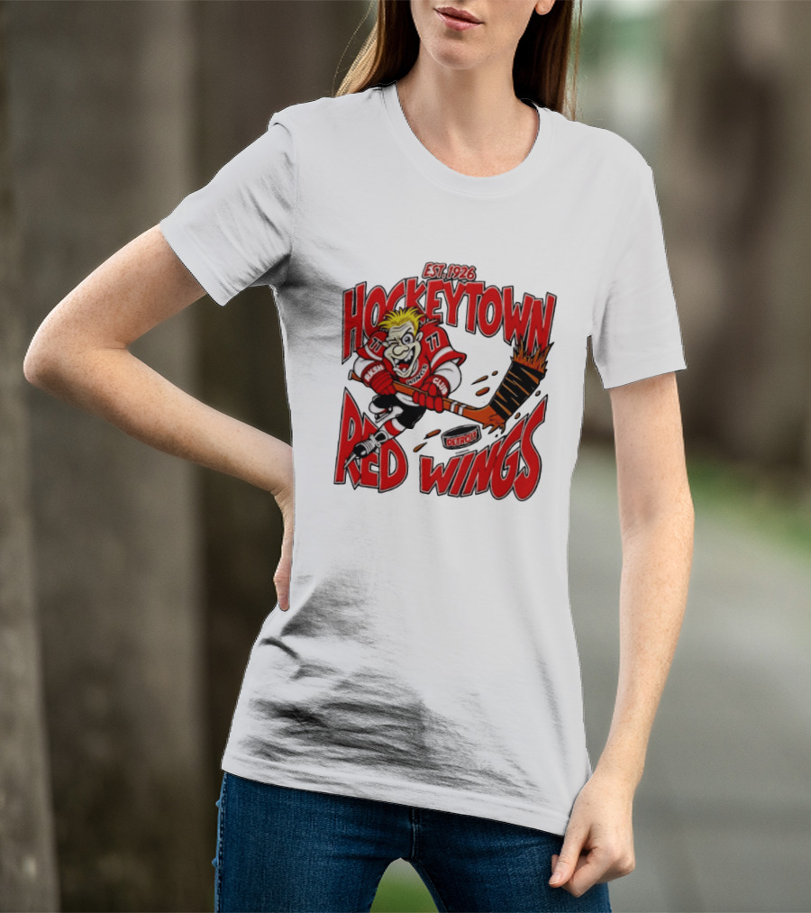 Detroit Red Wings Hockeytown Est. 1926 Vintage Cartoon Player With Flaming Hockey Stick T-Shirt
