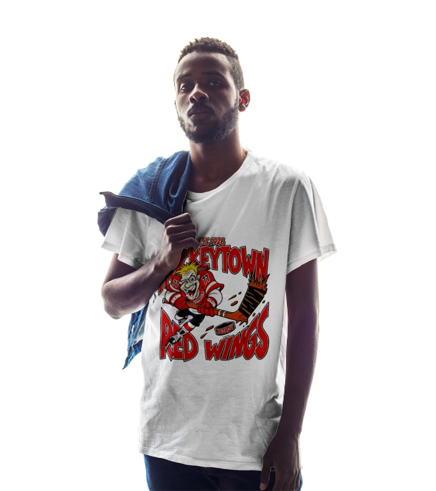 Detroit Red Wings Hockeytown Est. 1926 Vintage Cartoon Player With Flaming Hockey Stick T-Shirt