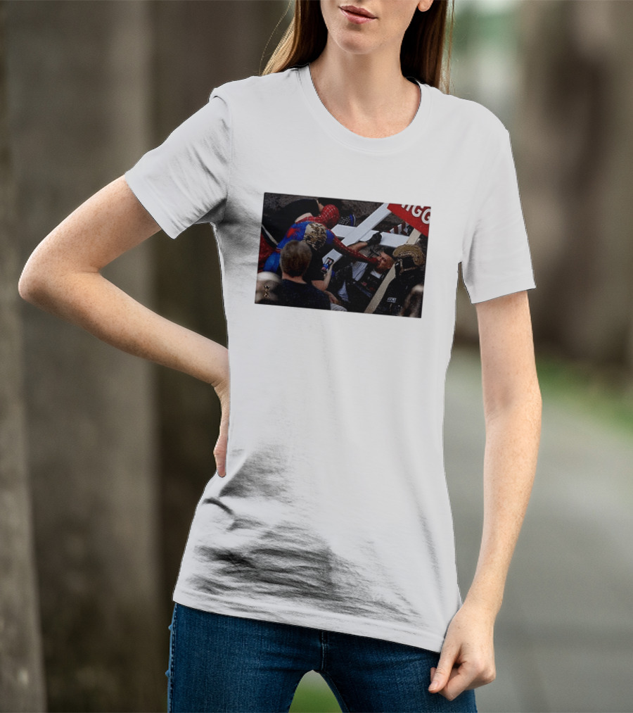 Unmasked Conflict Spider Man Vs Jake Lang Rally Minneapolis Protest T-Shirt