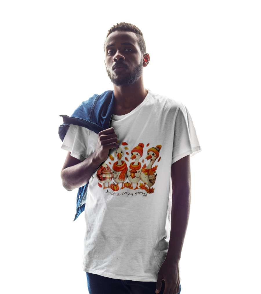 Cozy Goose Autumn Theme Four Cartoon Birds Leaves Pumpkins T-Shirt