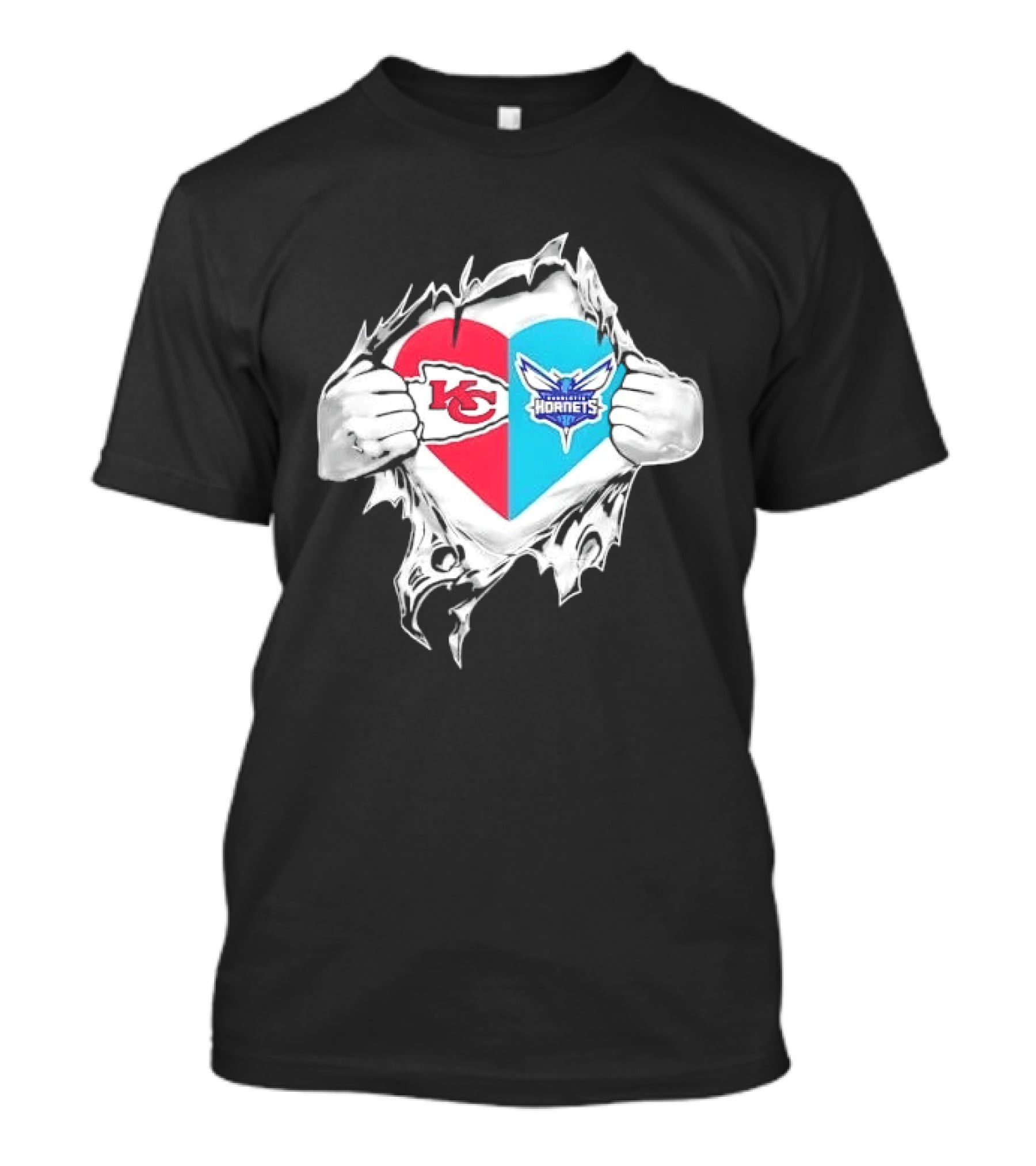 Kansas City Chiefs Charlotte Hornets Heart Hands Ripping Open T-Shirt