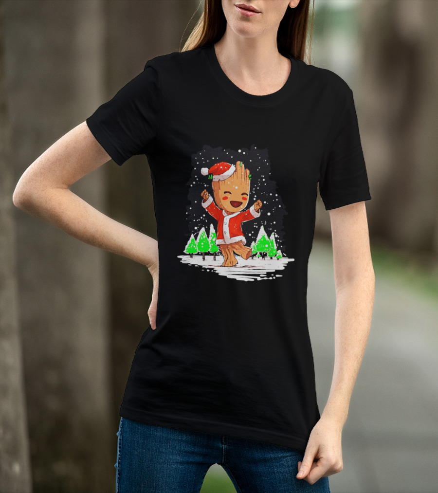 Dancing Santa Groot Christmas Trees Snow Scene T-Shirt