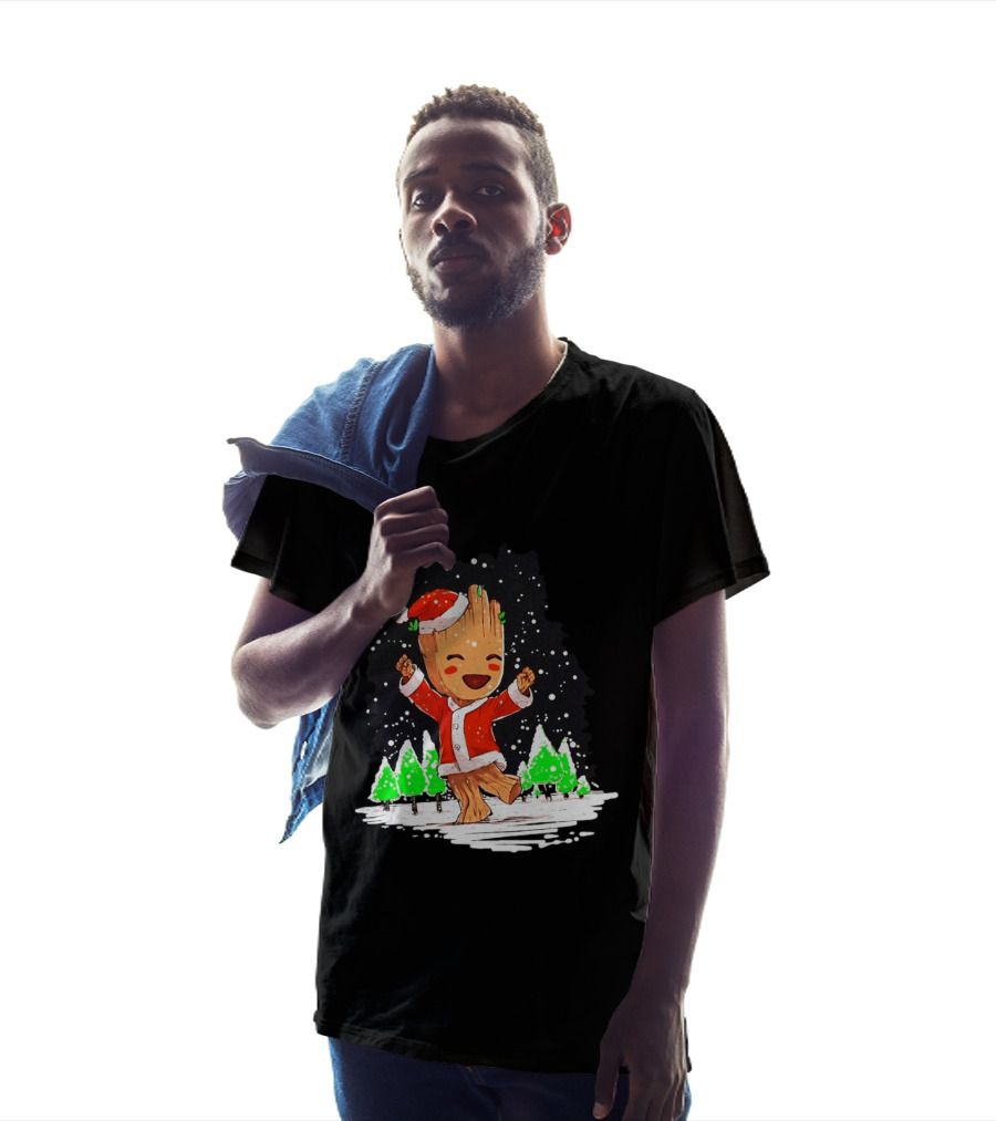Dancing Santa Groot Christmas Trees Snow Scene T-Shirt