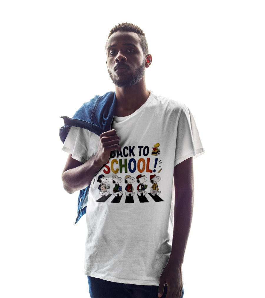 Back To School Snoopy Characters Walking Abbey Road With Woodstock Books T-Shirt