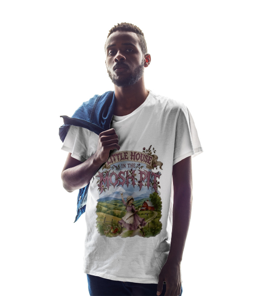Little House In The Mosh Pit Pioneer Girl Screaming Pitchfork Red Barn Farm Country Scene T-Shirt