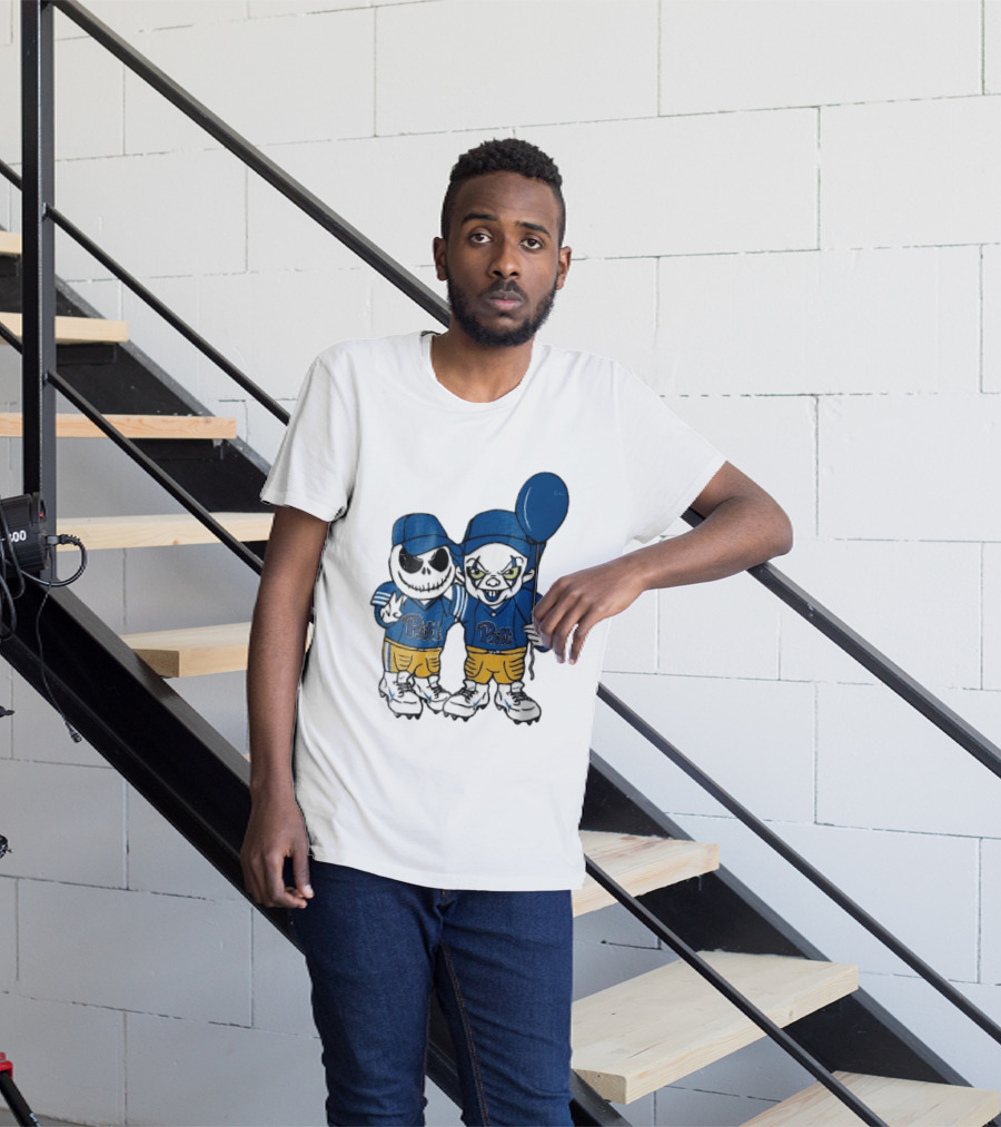 Pittsburgh Panthers NCAA Football Jack Skellington Clown Cartoon Players Blue Balloon T-Shirt