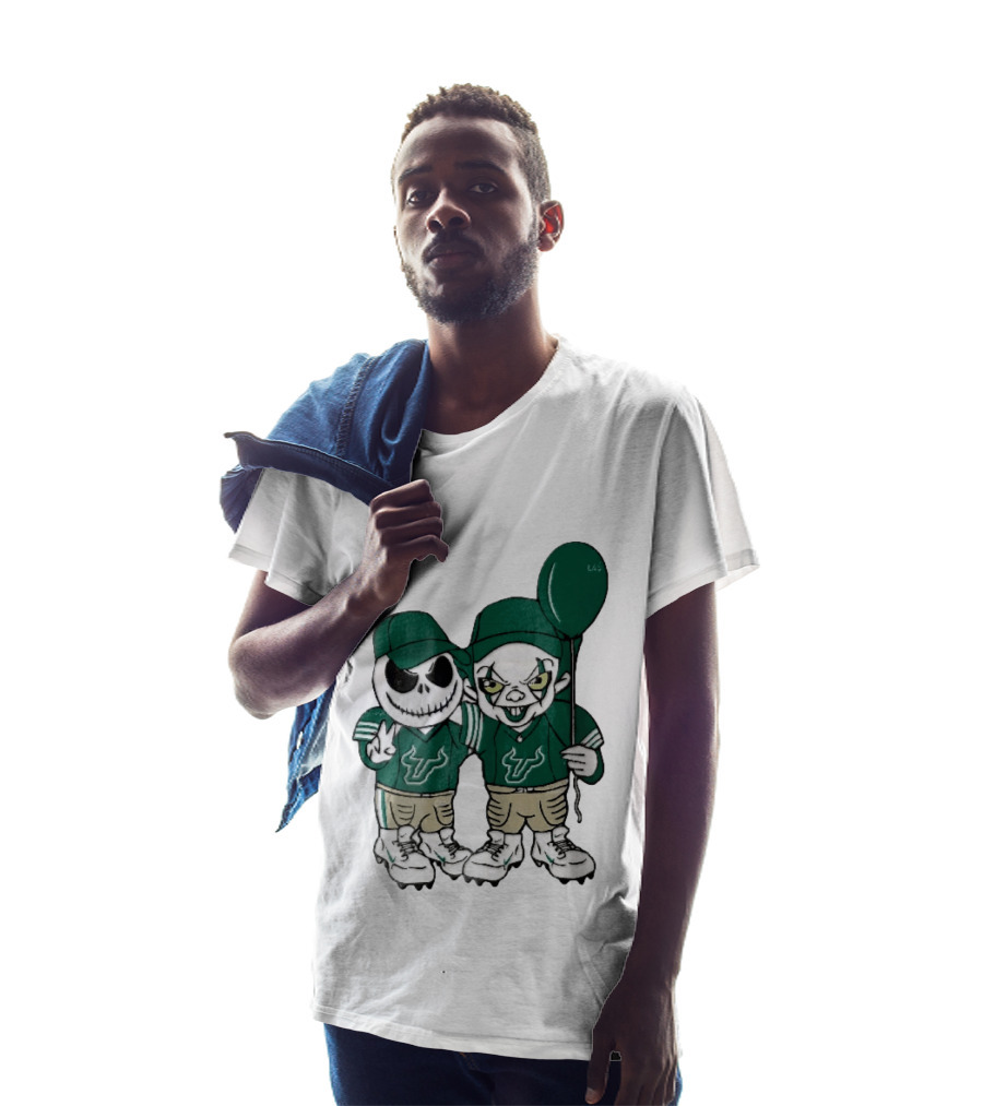 South Florida Bulls Skeleton And Evil Clown With Balloon NCAA Cartoon T-Shirt