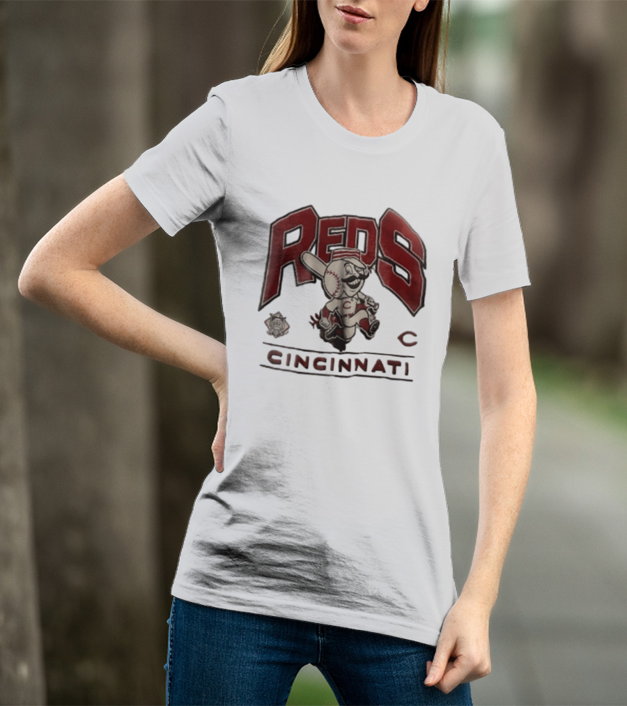 Cincinnati Reds Cartoon Running Bat Mascot Vintage MLB Fan Gear T-Shirt