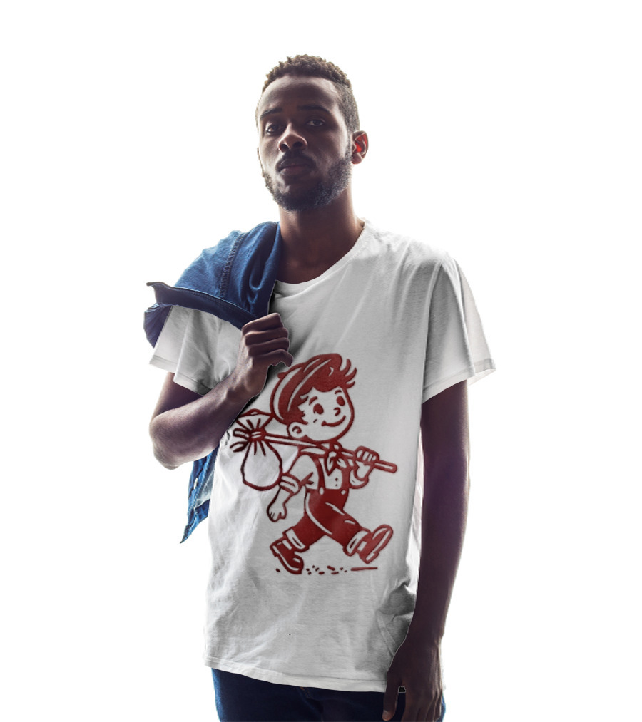 Red Line Cartoon Boy With Bindle Knapsack Stick Drawing T-Shirt