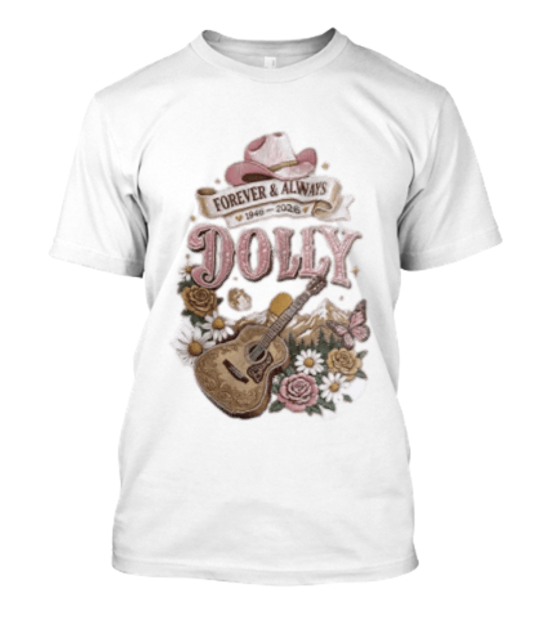 Forever & Always Dolly 1946 2026 Cowboy Hat Guitar Flowers Butterfly T-Shirt