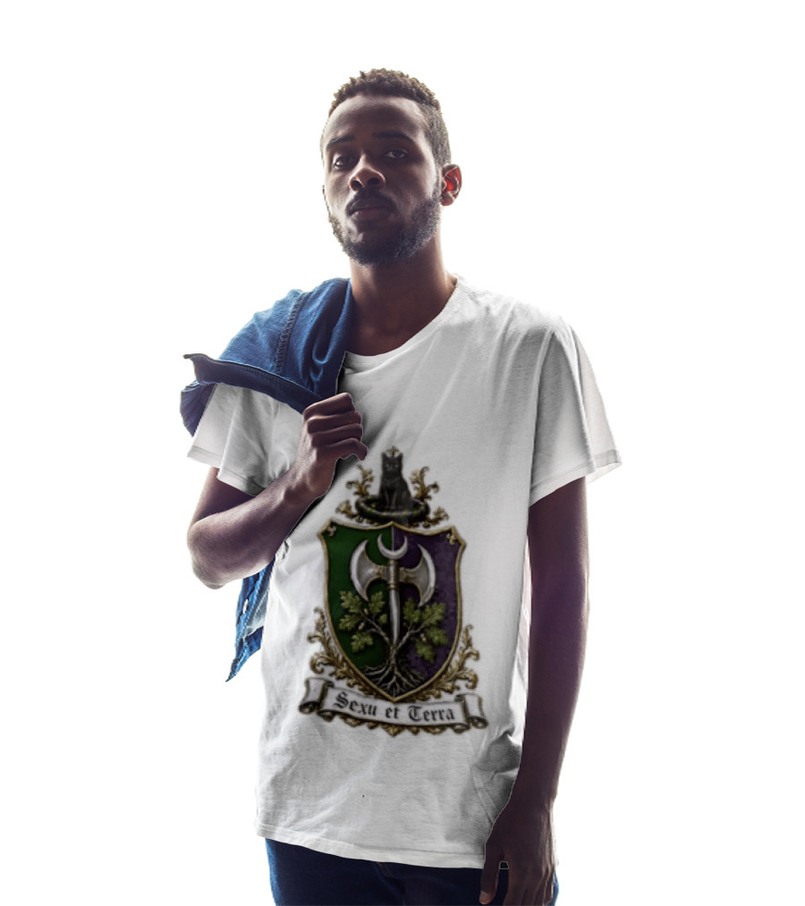 Sexu Et Terra Green Purple Shield Black Cat Axe And Tree Crest T-Shirt
