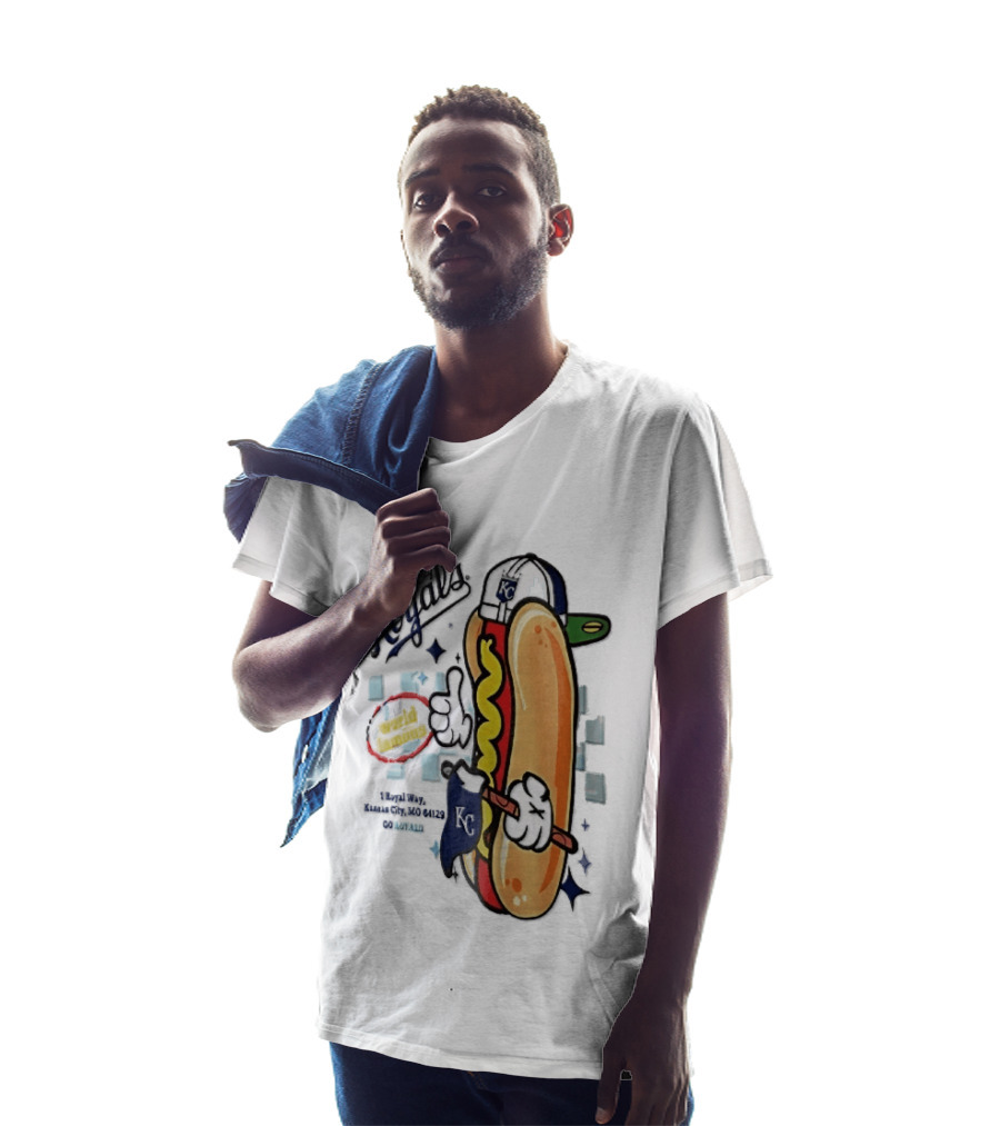 Kansas City Royals World Famous 1 Royal Way Mo 64129 Cartoon Hot Dog KC Cap T-Shirt