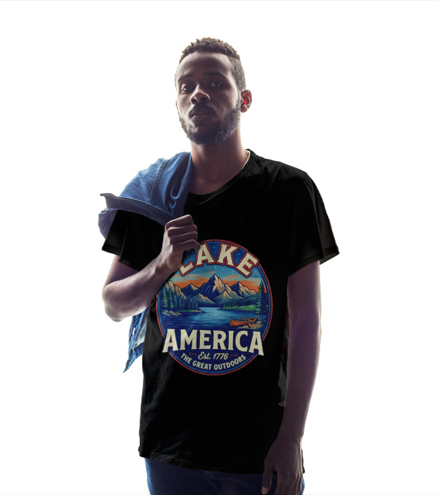 Lake America The Great Outdoors Est. 1776 Mountain Scene Canoe T-Shirt