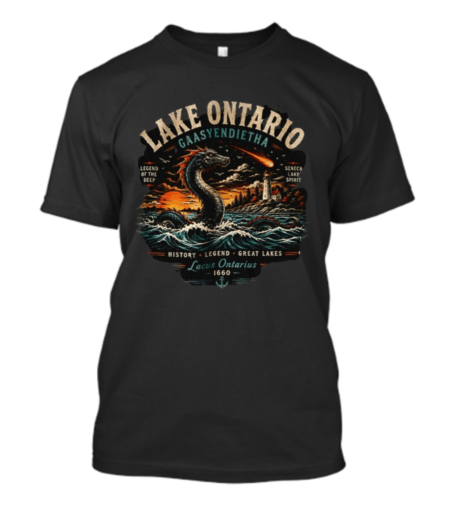 Lake Ontario Gaasyendietha Seneca Legend Of The Deep Lacus Ontarius 1660 Great Lakes History T-Shirt