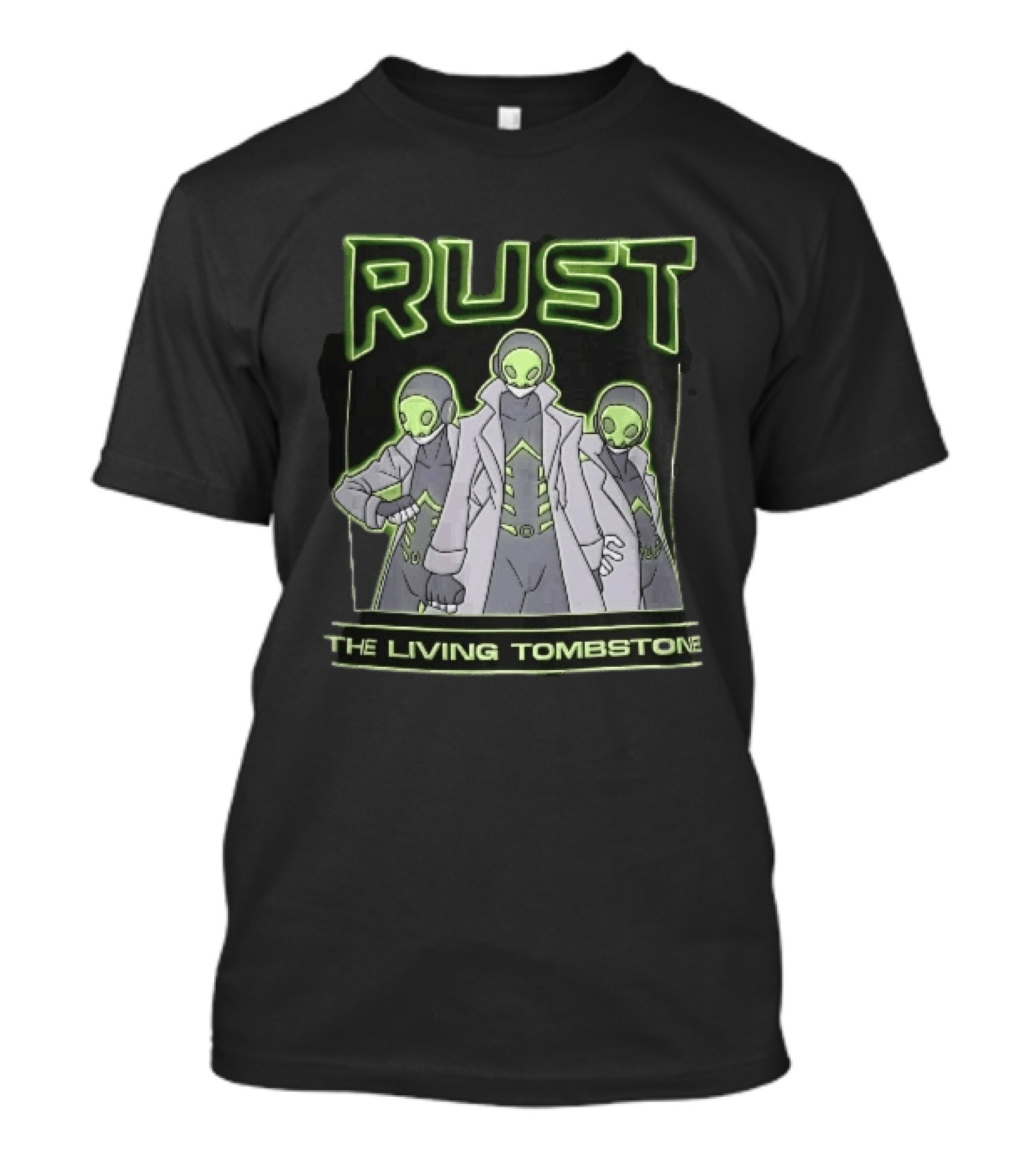 RUST The Living Tombstone Three Masked Figures Glowing Neon Trench Coats T-Shirt