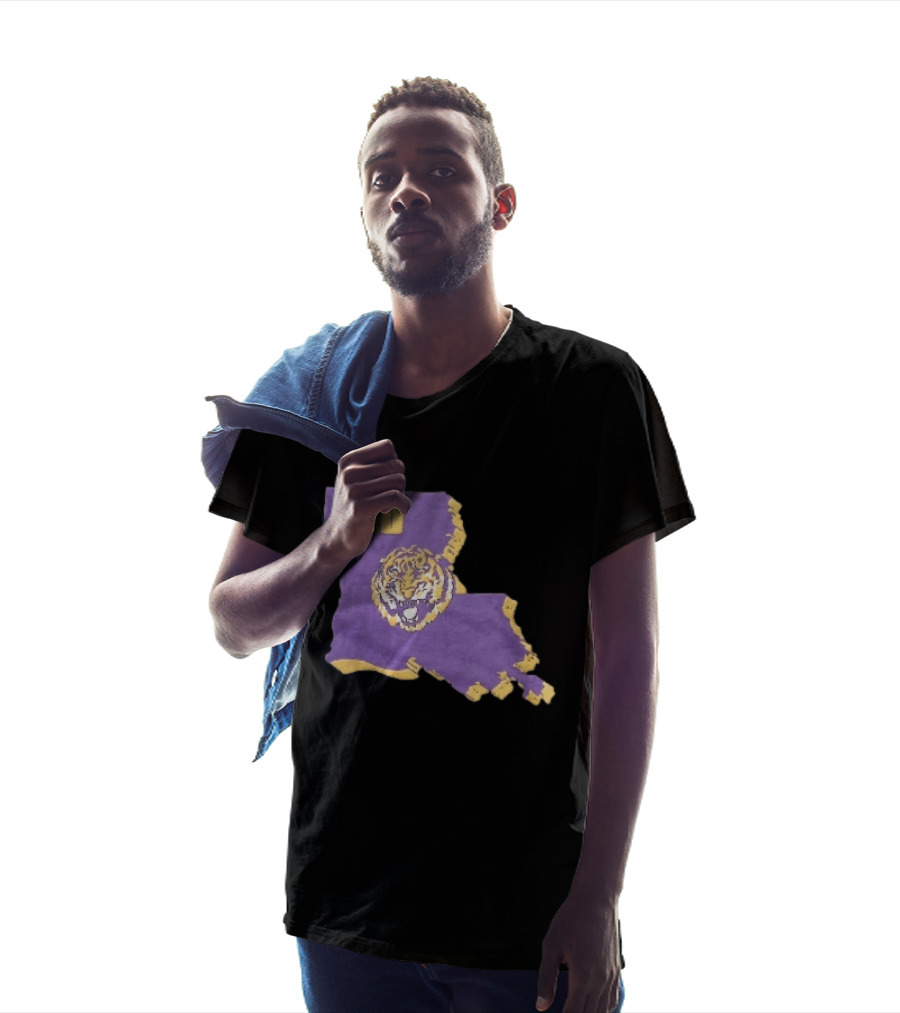 LSU Tigers NCAA Roaring Head Louisiana Map T-Shirt