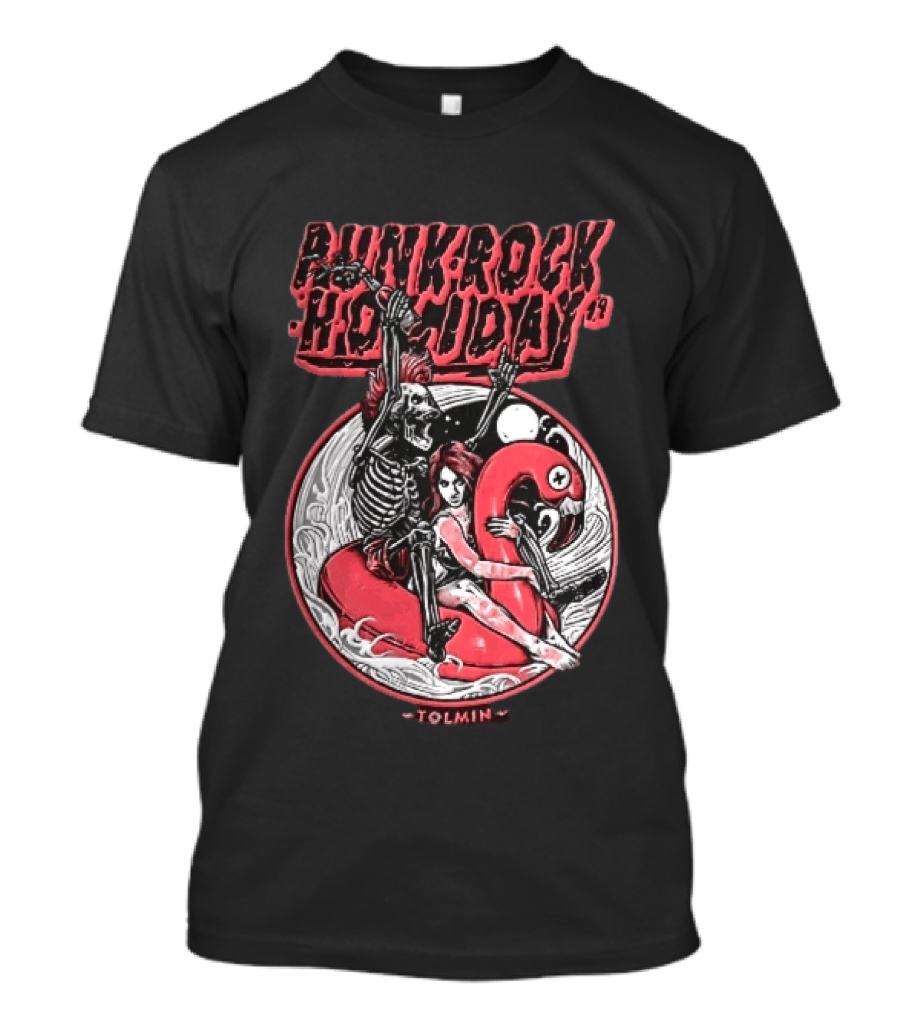 Punk Rock Holiday 19 Tolmin Mohawk Skeleton Riding Pink Flamingo Ocean Waves T-Shirt