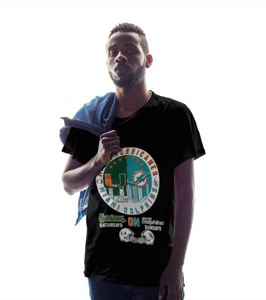 Miami Hurricanes Dolphins City Skyline Saturdays Sundays Two Helmets T-Shirt