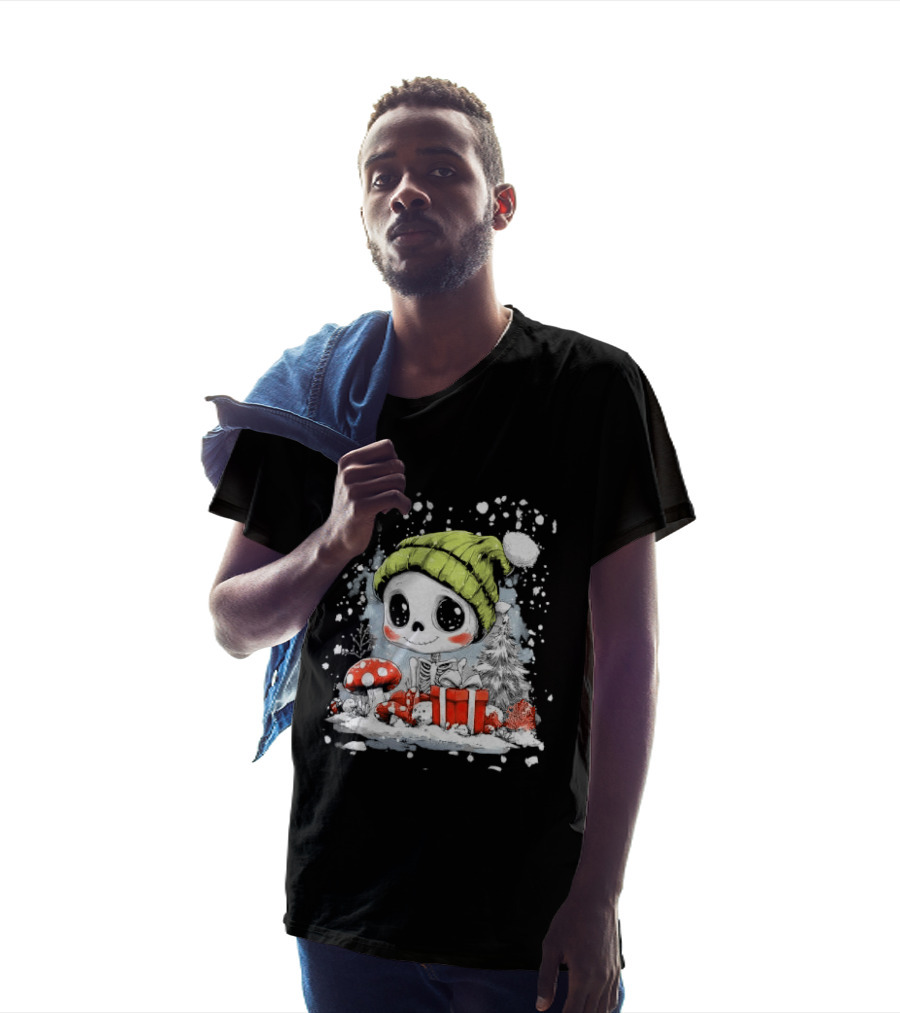 Skeleton In Green Beanie Hat With Mushroom And Christmas Present T-Shirt
