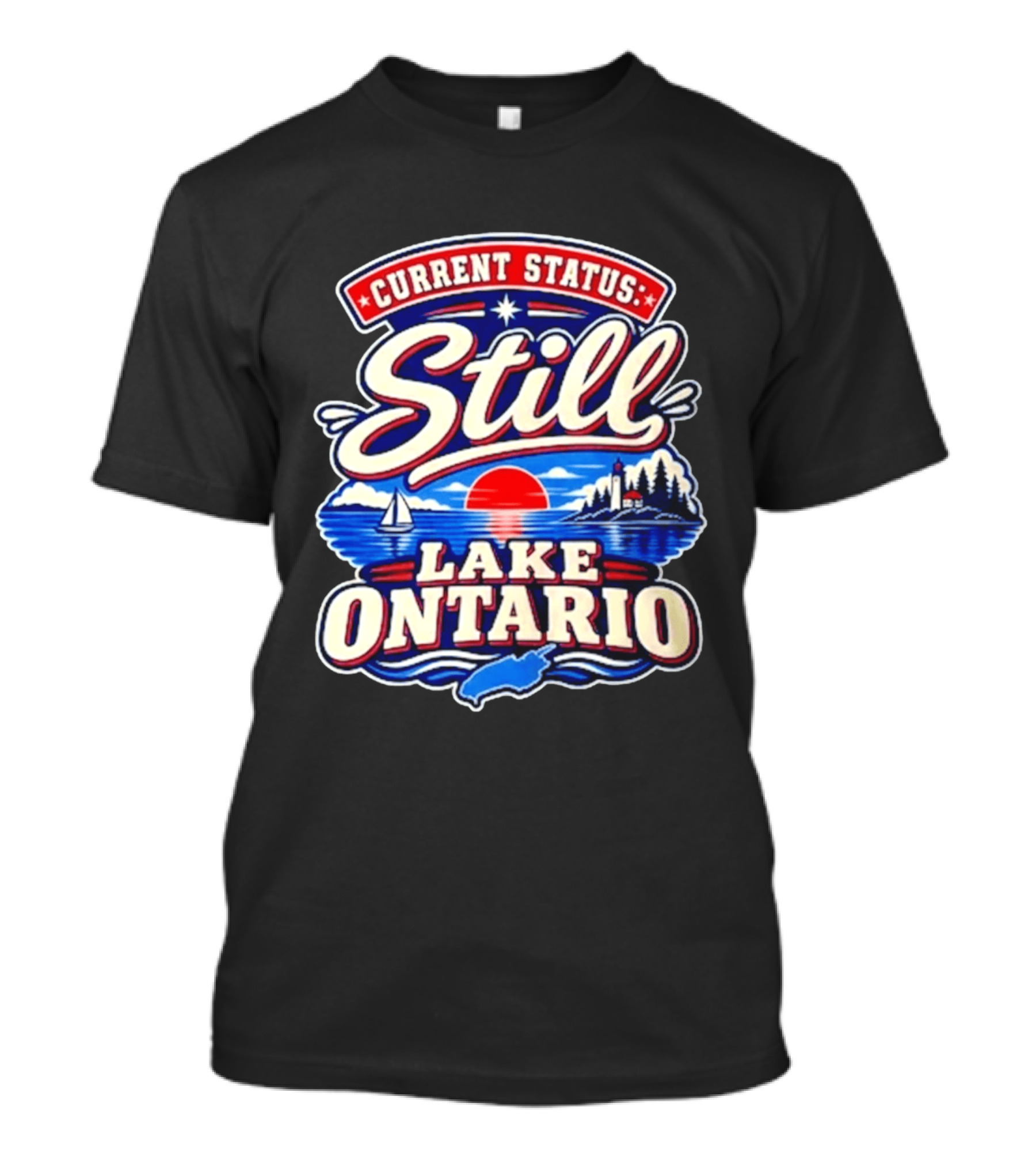 Current Status Still Lake Ontario Sunset Sailboat Lighthouse Scene T-Shirt