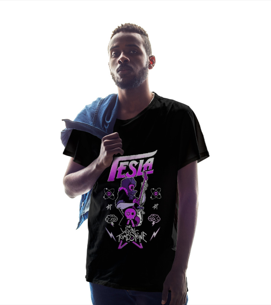 Tesla The Living Tombstone Purple Hooded Skull Mask Electric Guitar Pixel T-Shirt