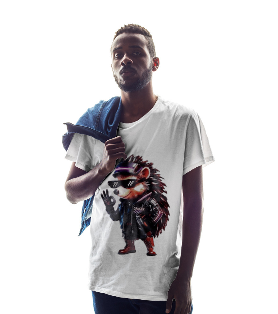 Danger Hedgehog Pixel Sunglasses Leather Jacket T-Shirt