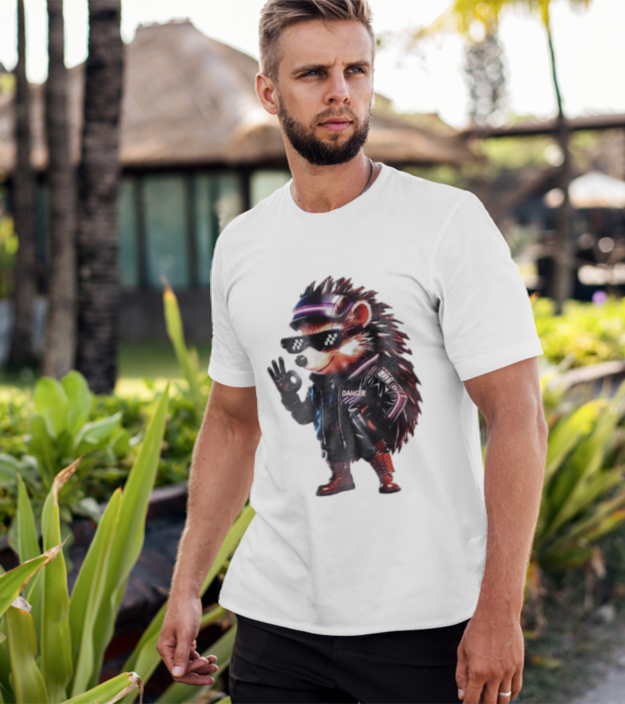 Danger Hedgehog Pixel Sunglasses Leather Jacket T-Shirt