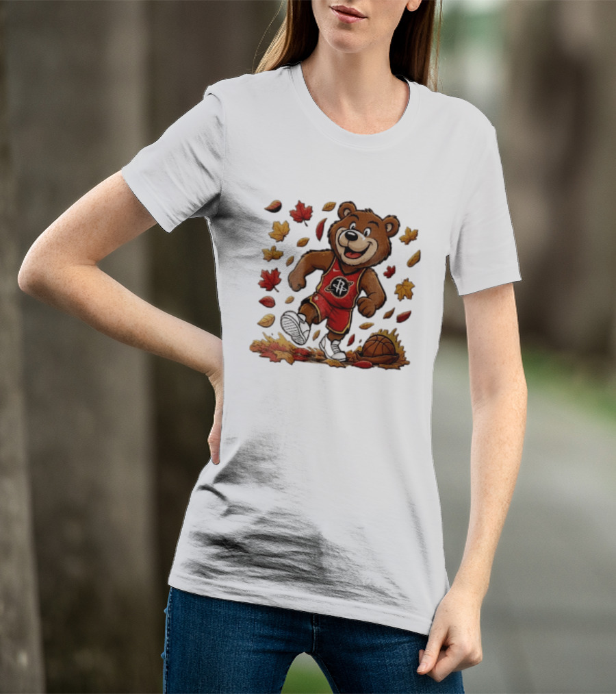 Houston Rockets Clutch The Bear Running With Basketball And Autumn Leaves T-Shirt