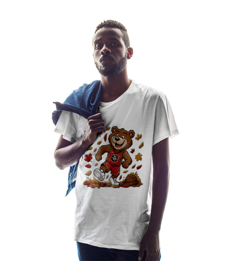 Houston Rockets Clutch The Bear Running With Basketball And Autumn Leaves T-Shirt