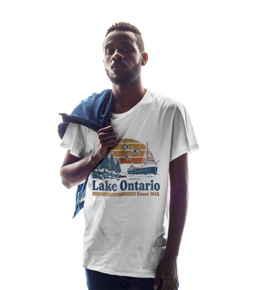 Lake Ontario Great Lakes Since 1615 Scenic Sunrise With Ship And Trees T-Shirt