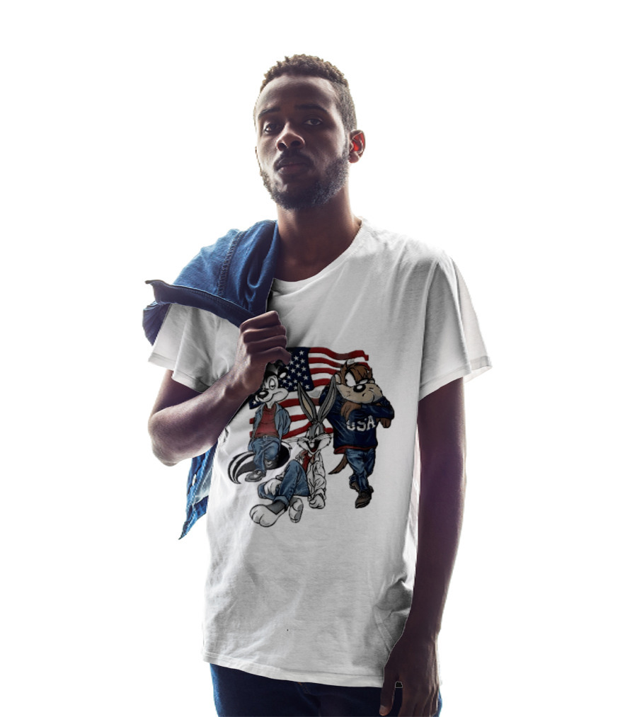 Looney Tunes Pepe Le Pew Bugs Bunny Tasmanian Devil USA American Flag Caricature T-Shirt