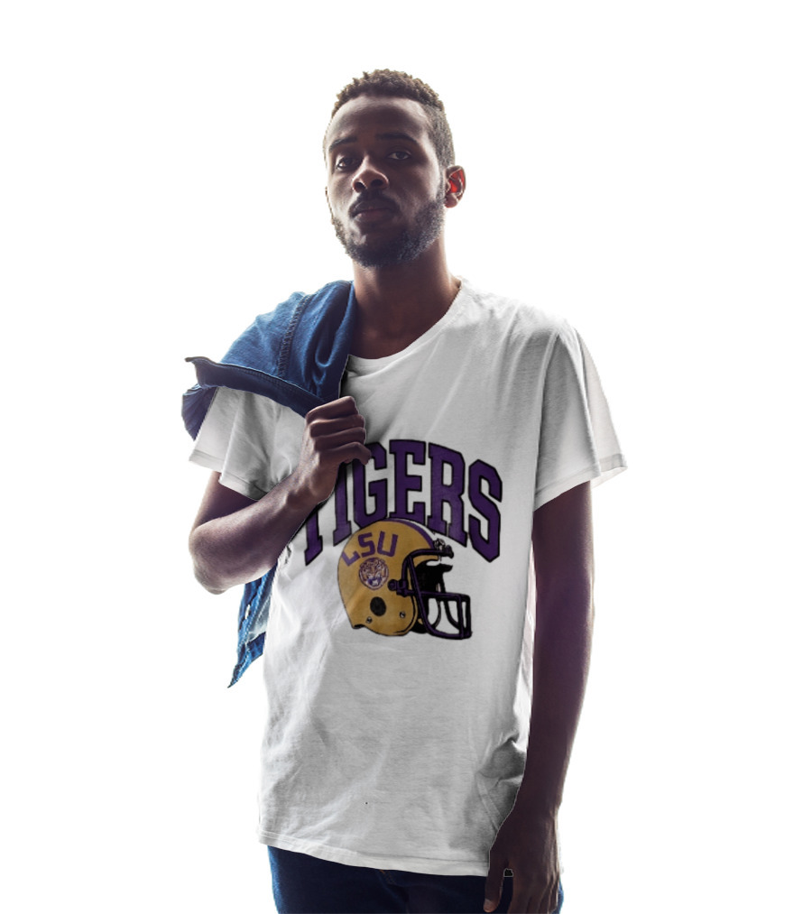 LSU Tigers Yellow Football Helmet Purple Arched Letters NCAA T-Shirt