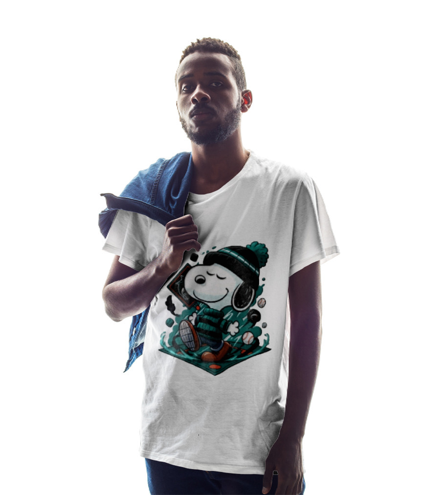 Miami Marlins MLB Snoopy Walking Teal Winter Beanie Striped Baseballs T-Shirt