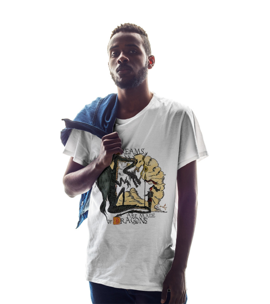 Our Dreams Are Made Of Dragons Artwork Yellow Red Black Fantasy T-Shirt