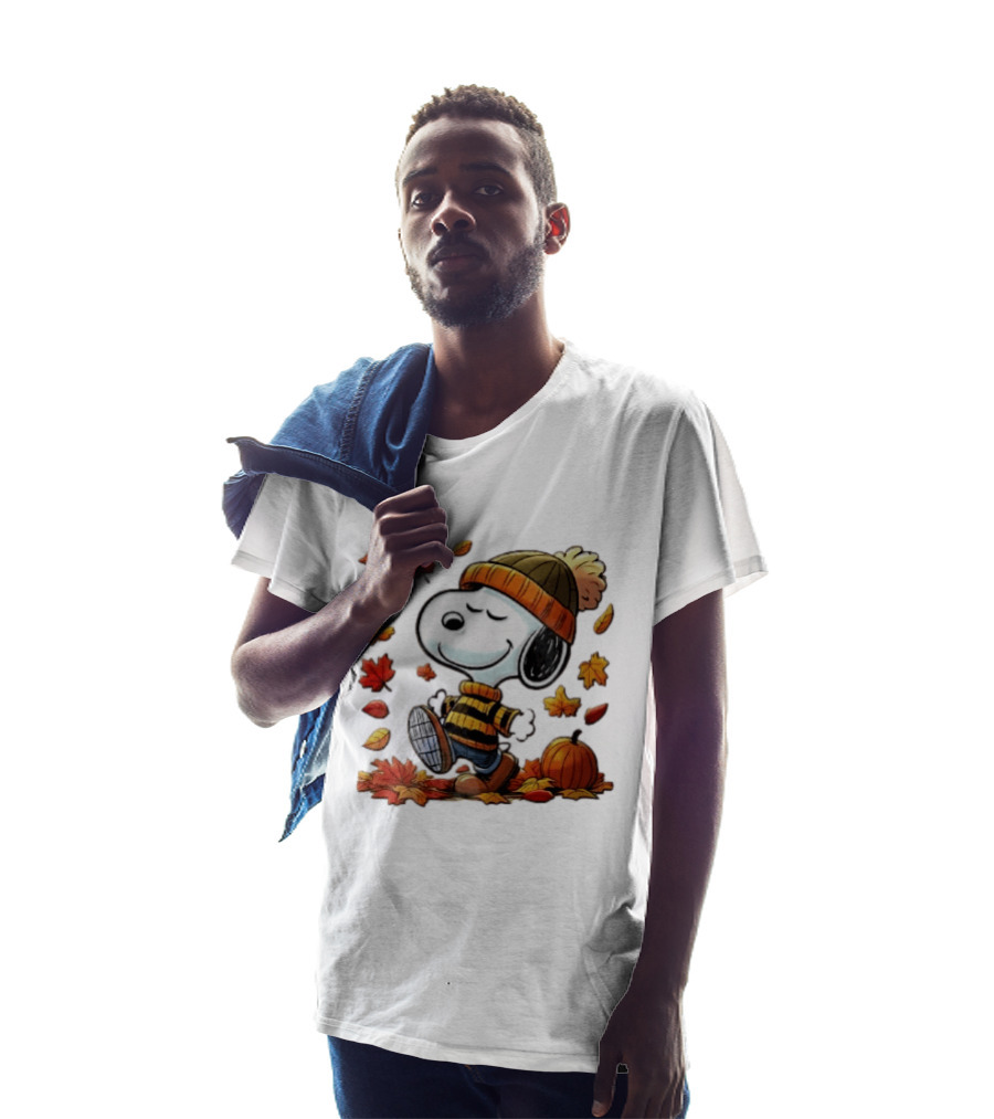 Snoopy Walking In Striped Beanie With Autumn Leaves And Pumpkin T-Shirt