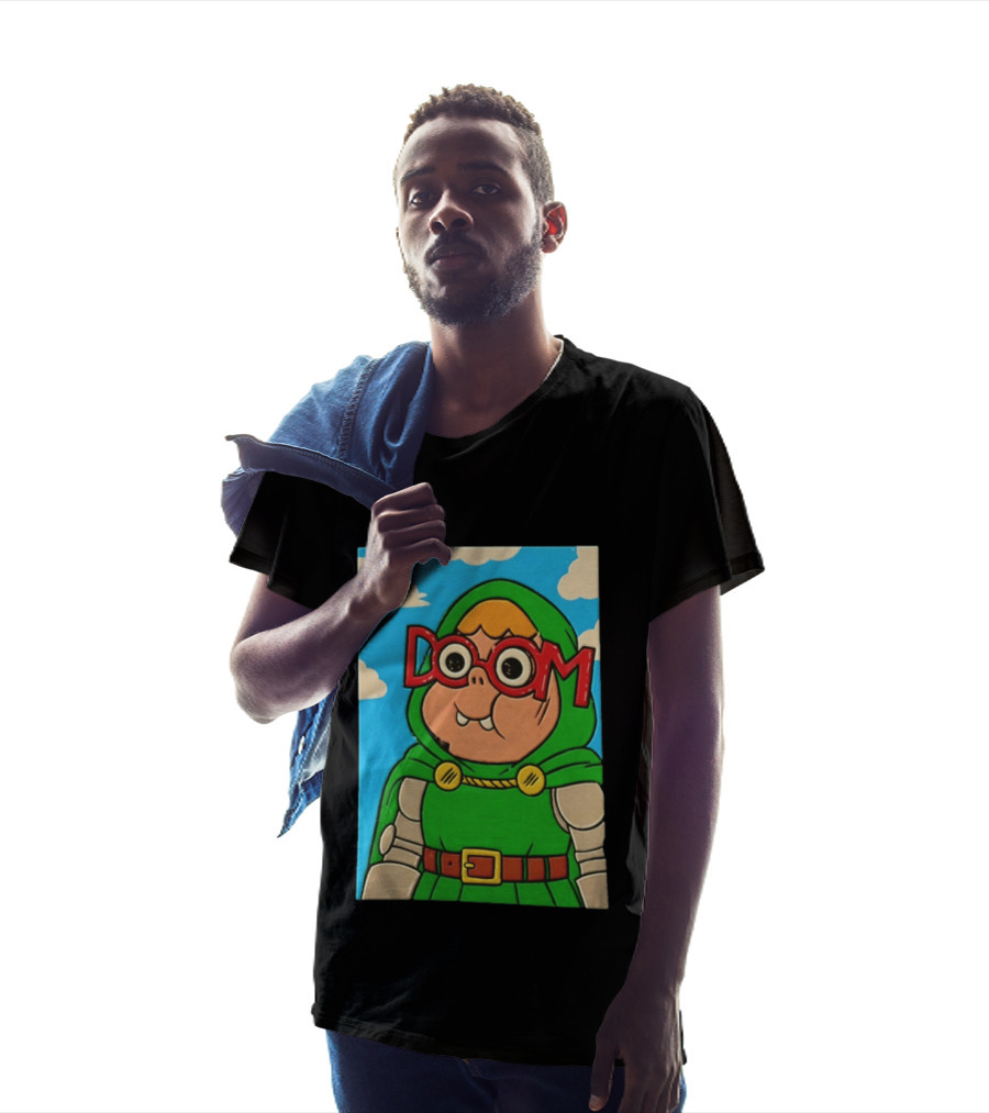 Clarence Doctor Doom Cartoon Crossover DOOM Glasses Green Hood Clouds T-Shirt